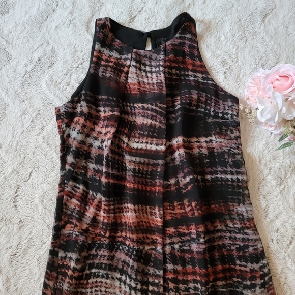 Miss Miss Sleeveless Wavy Plaid Floral Print Hem Crew Neck Dress Size M - Picture 2 of 16